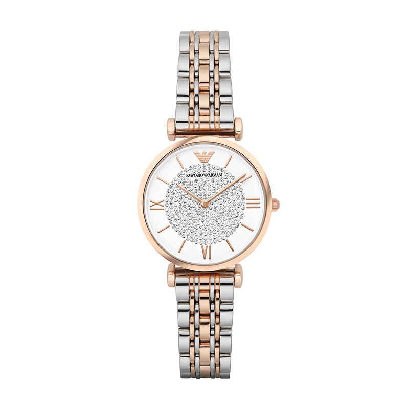 Eraman | Armani White Crystal Pave Dial Two Tone Ladies Watch